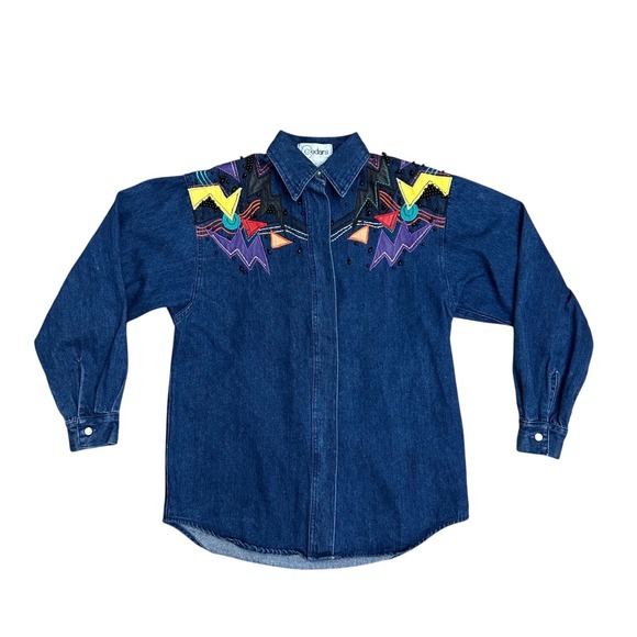 Cedars Tops - Vintage Western Denim Shirt Beaded Leather Patch Geometric Blue S long sleeve